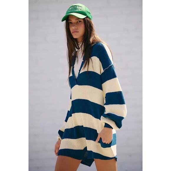 Free People FP Beach Picnic Striped Linen Cotton Sweater Knit Romper XS - Picture 1 of 9